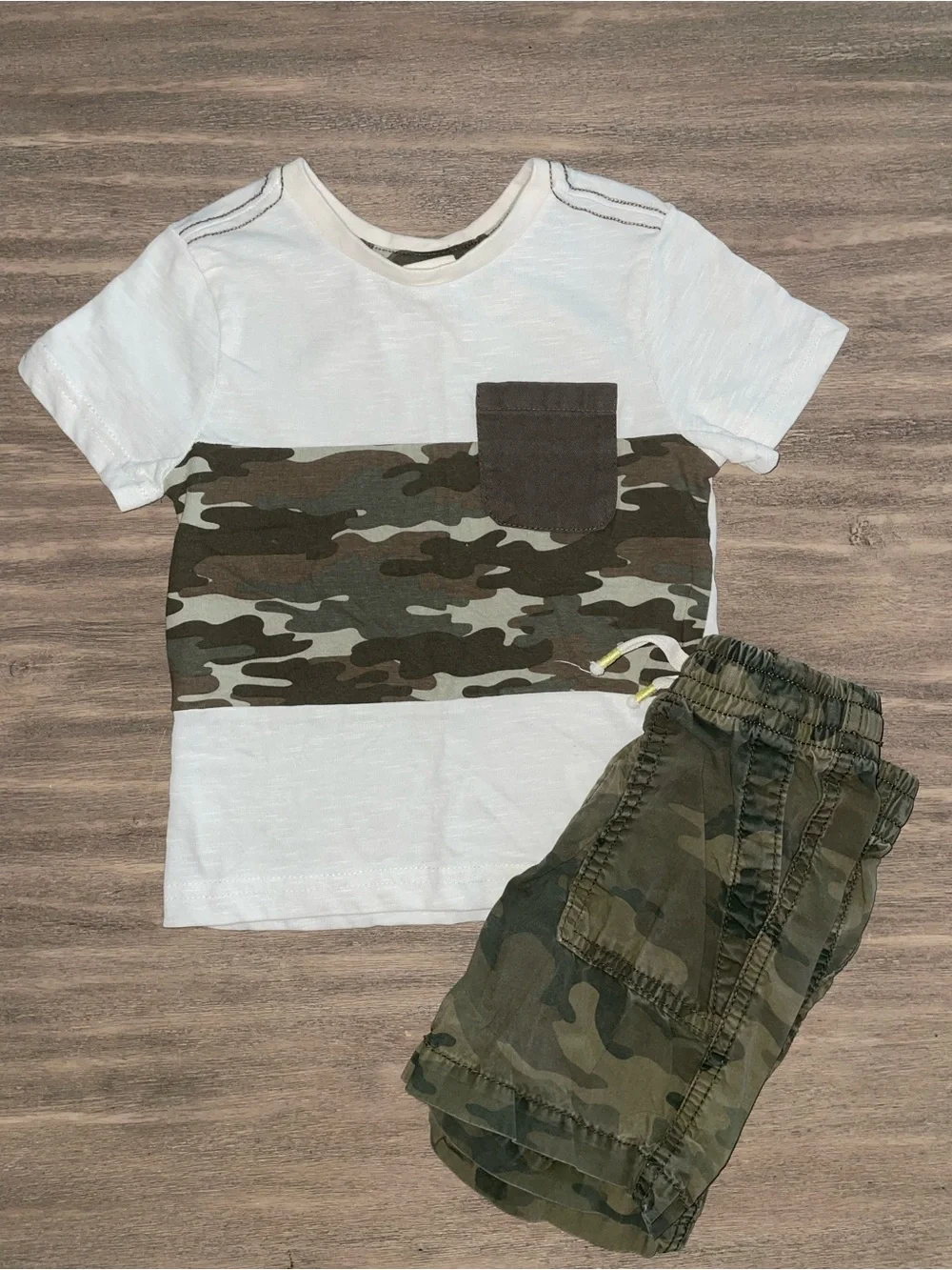 White Tee with Camo Stripe/Pocket & Matching Camo Shorts